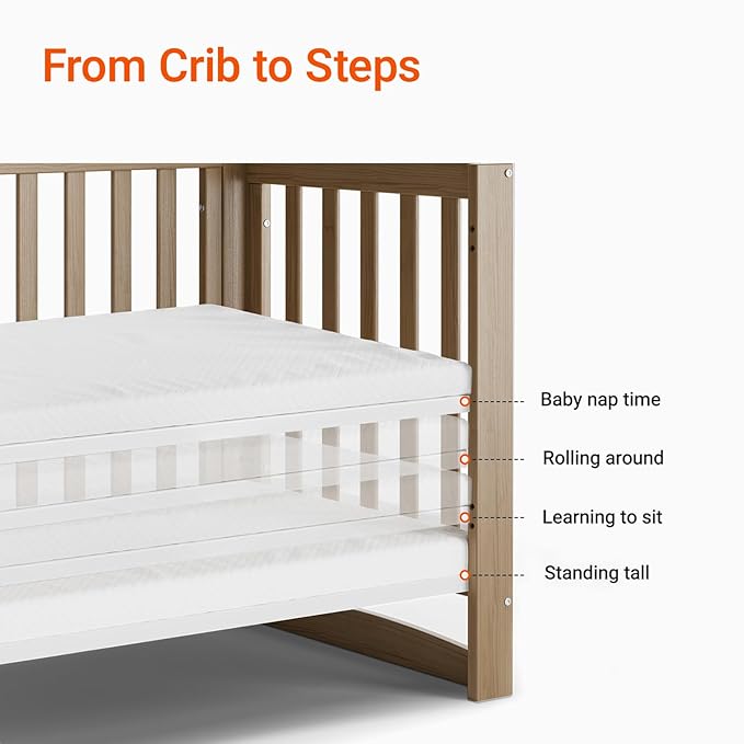 EvoNest Baby Crib, 6 in 1 Convertible Mini Crib with Wheels, 100% New Zealand Wood Growing Bed, 4 Adjustable Mattress Height，Walnut Brown