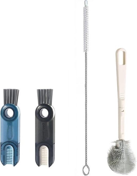 4-Pack Water Bottle Brush Set,9.5'Long Handle Silicone Water Bottle Cleaning Brush,2 Straw Brushes,2(3-in-1) Cup lid Cleaner Brushes for Water Bottles,Baby Bottles,Straw Brushes White(Blue-Black)