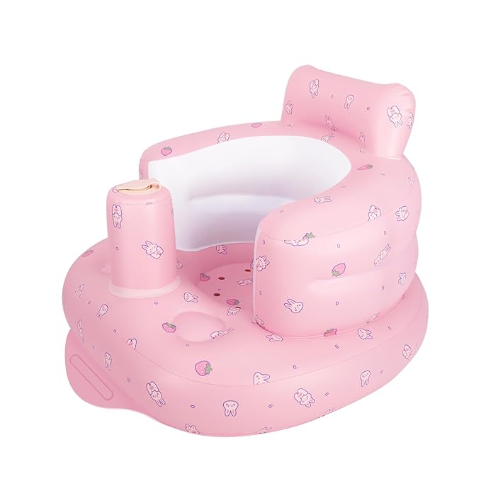 Inflatable Baby Chair, Inflatable Baby Seat for Babies 3 Months and Up, Summer Blow Up Chair with Built in Air Pump, Infant Floor Seats for Learning to Sit, Palying, Camping, Strawberry