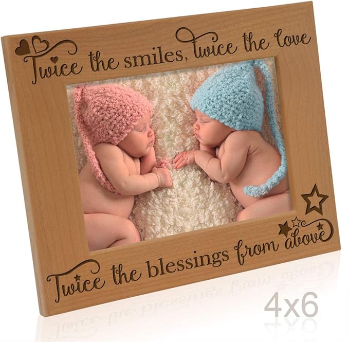 KATE POSH - Twice the Smiles, Twice the Love, Twice the Blessings from above - Engraved Natural Wood Picture Frame - Twins photo frame, Twins gifts for babies, Twins gifts for mom (4x6-Horizontal)