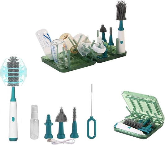 Portable Electric Bottle Brush Cleaner and Drying Rack Set, Foldable Bottle Drying Rack with 16 Ribs, Automatic Bottle Cleaner Brush Help Thorough Cleaning of Baby Bottles and Breast Pumps,Green