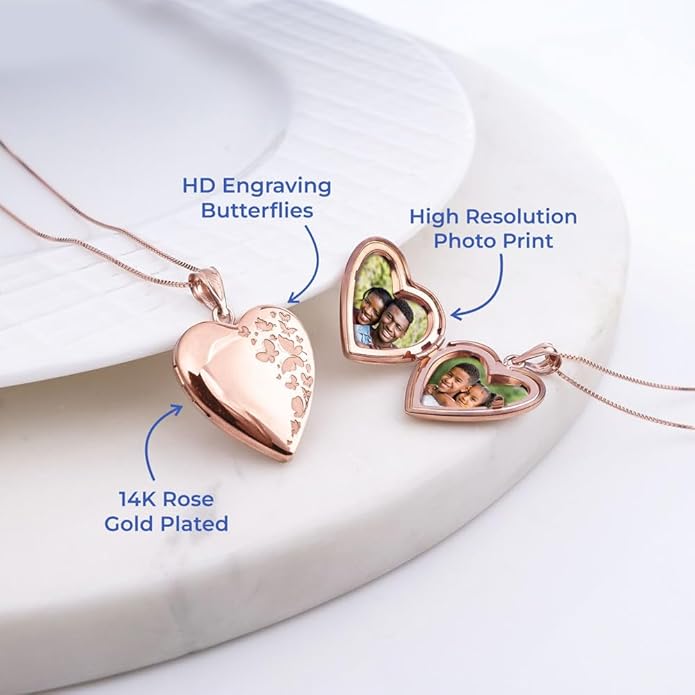 PicturesOnGold.com Personalized Heart Shaped Butterflies Photo Locket Necklace - 3/4 inch x 3/4 inch - Includes 18 inch Chain - Custom Engraved Picture Locket Necklace for Women