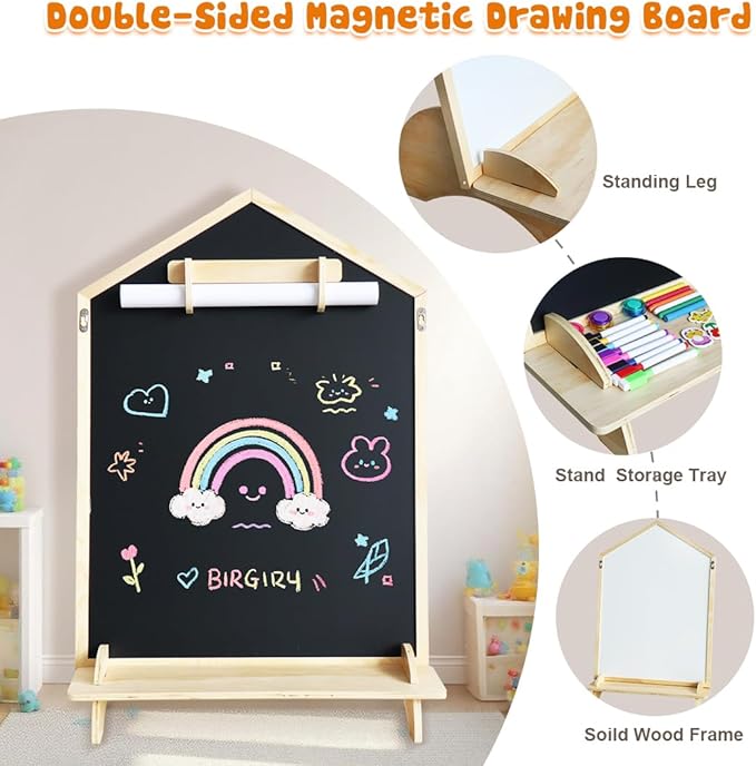 Double-Sided Magnetic Drawing Board for Kids- Chalkboard & Magnetic Whiteboard, Wood Frame Art Easel Board with Detachable Roller