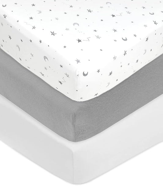 American Baby Company 3 Pack 100% Natural Cotton Fitted Crib Sheets 52" x 28" - Soft, Breathable, Hypoallergenic & Gentle Toddler Bed Sheets, Gray Stars/Gray/White, Neutral for Boys & Girls
