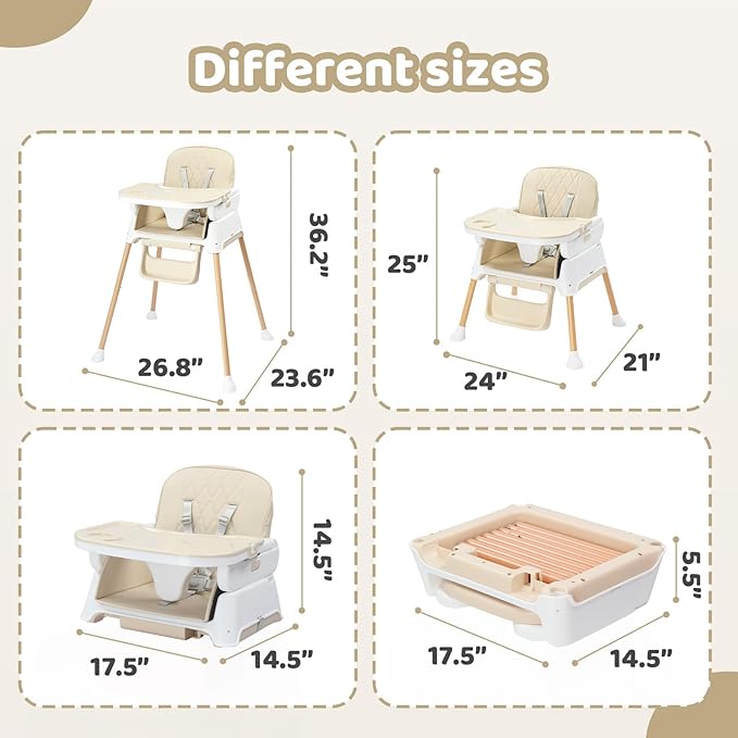JOYMOR 5 in 1 Baby High Chair for Babies and Toddlers, Portable Highchair Fold Compact, ConvertibleBaby Feeding Chair Booster for Eating with Detachable Double Tray, 5 Point Harness (Beige)