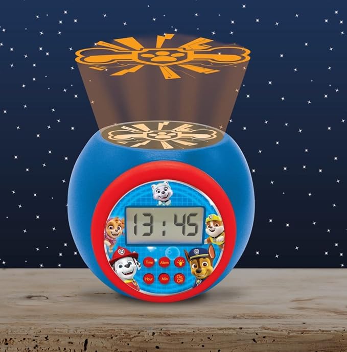LEXIBOOK - Paw Patrol Projector Alarm Clock with Snooze Function and Alarm Function,Night Light with Timer, LCD Screen, Battery Operated, Blue/Red, RL977PA