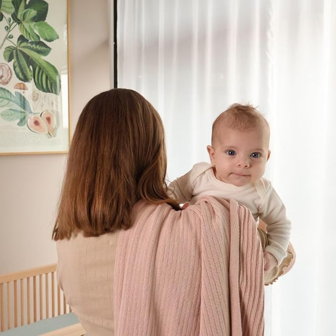 Knitted Organic Cotton Baby Blanket- Swaddle Blanket, 30" x 40" Soft Receiving Blanket for Newborn 2-Pack (Soft White and Blush)