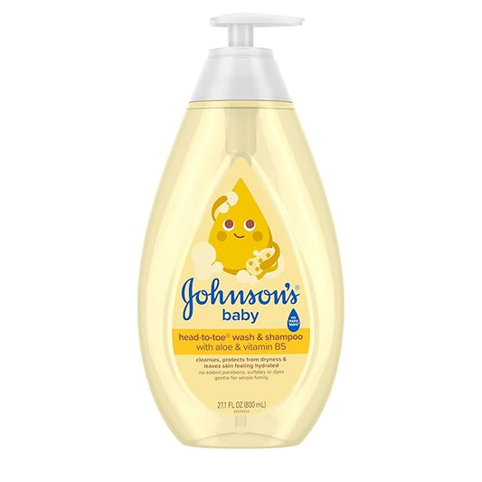 Johnson's Baby Head-To-Toe Baby Wash & Shampoo + Aloe & Vitamin B5, 2-in-1 Bath Wash Gently Cleanses Newborn's Delicate Skin & Hair, Hypoallergenic, No Added Parabens, Dyes & Sulfates, 27.1 fl. oz