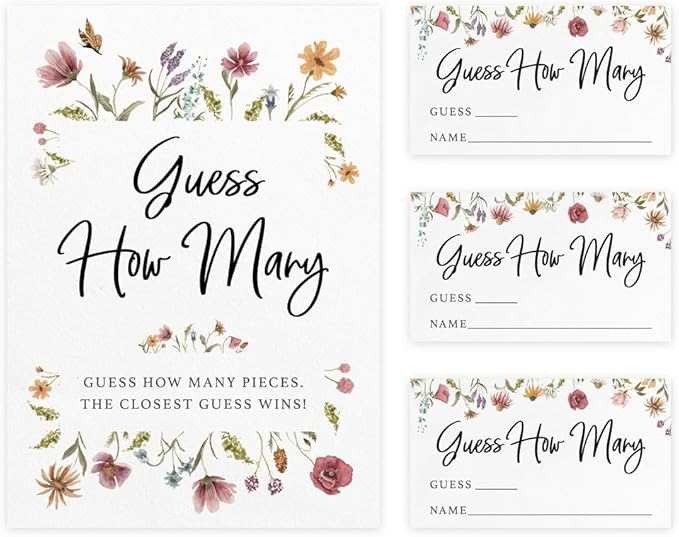 Printed Party Candy Jar Guessing Game (Set of 50), Wildflower Bloom Theme, includes Matching Table Display Sign