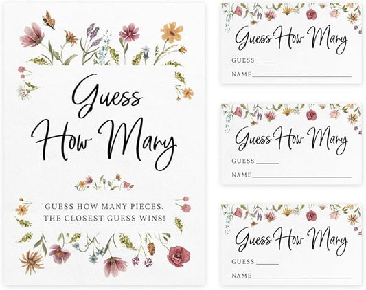 Printed Party Candy Jar Guessing Game (Set of 50), Wildflower Bloom Theme, includes Matching Table Display Sign