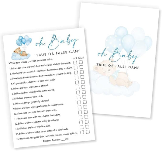 Oh Baby True or False Baby Shower Games, 25 Double-Sided Blue Bear Games for Boys with Answer Card, Interactive Party Supplies - B08