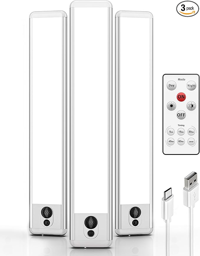 EZVALO Under Cabinet Lights, LED Closet Lights Wireless USB Charging, Motion Sensor Lighting Indoor 5700K dimmable with Remote Control (White) 3 Pack