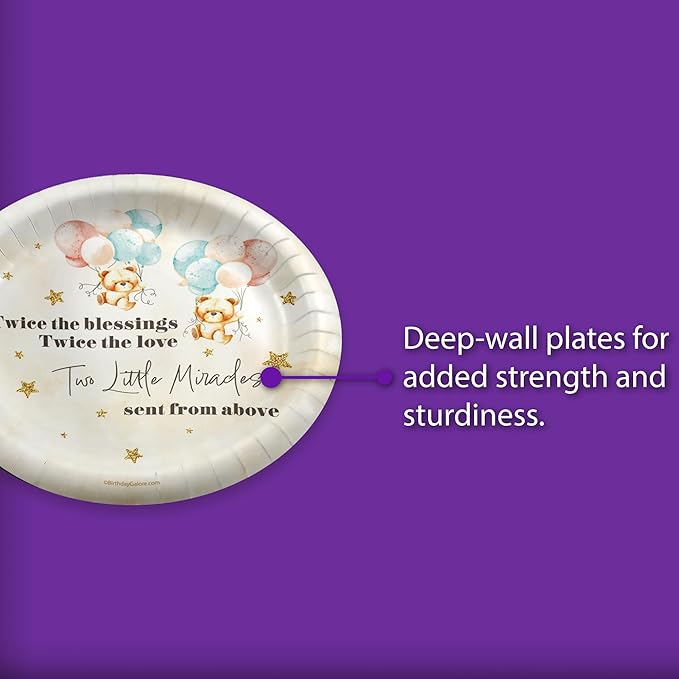 Birthday Galore Twin Teddy Bear Baby Shower - 32 Piece Disposable Party Supplies - Twins Baby Shower Decorations - Round Party Plates - Large 9 Inch Paper Plates In Bulk