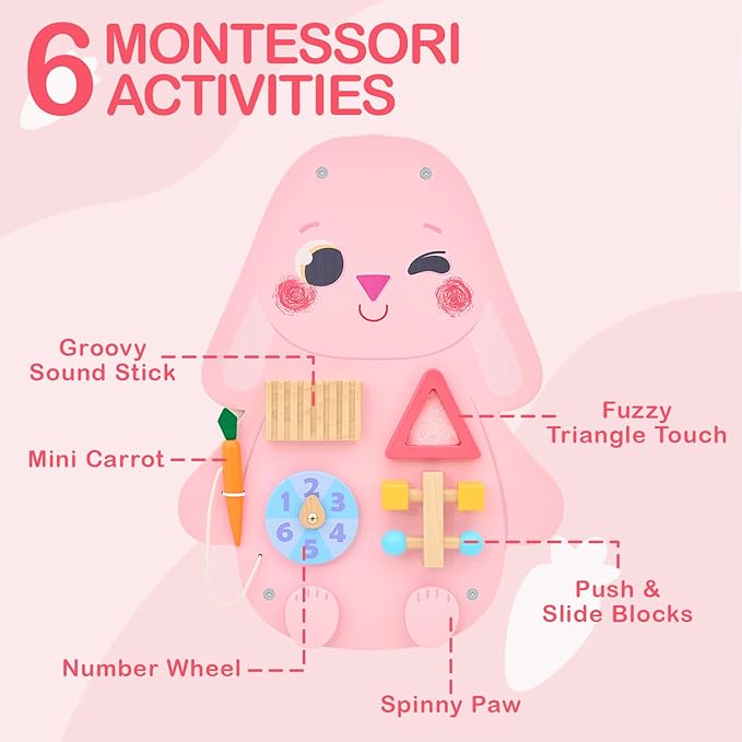 Monläurd® Wooden Rabbit Sensory Wall Toy, Busy Board for Toddlers, Montessori Sensory Wall Panel for Kids, Ideal for Classroom, Playroom & Daycare, Wall Activity Board