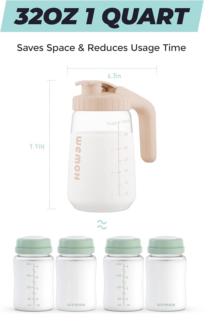 32oz Breast Milk Pitcher, 3X-Thick Heat & Cold Resistant Borosilicate Glass, Leakproof Breat Milk Fridge Storage Container with Wide Mouth & Ergo Grip, Dishwasher Safe, Fast Baby Formula Maker(Pink)