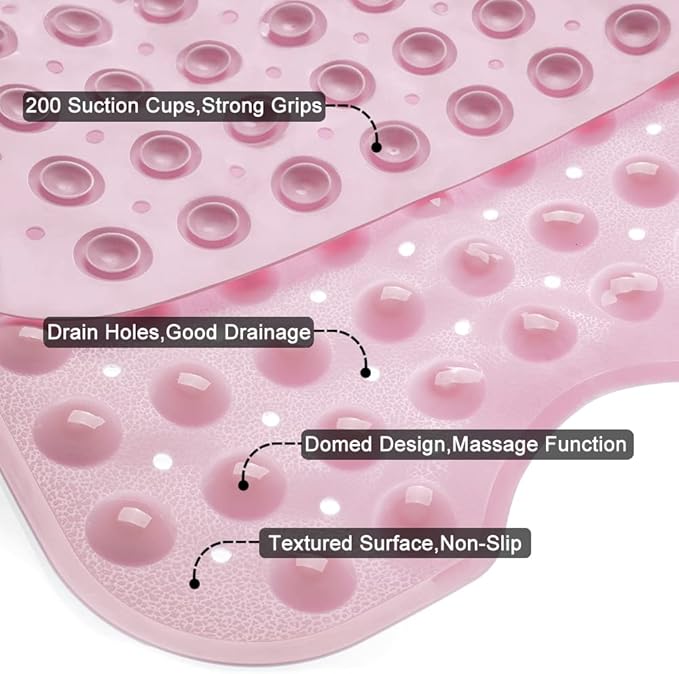 Linoows Bathtub and Shower Mats, Extra Long Non-Slip Bath Tub Mat 39 x 16 Inch, Machine Washable Bathmat with Suction Cups & Drain Holes for Bathroom Floor, Pink