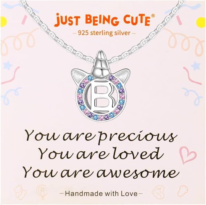 Unicorn Necklace for Girls, Initial Necklaces for Little Girls Kids Children, Hypoallergenic 925 Sterling Silver Kids Jewelry Colorful CZ Unicorn Gifts for Birthday Kindergarten Graduation Wedding