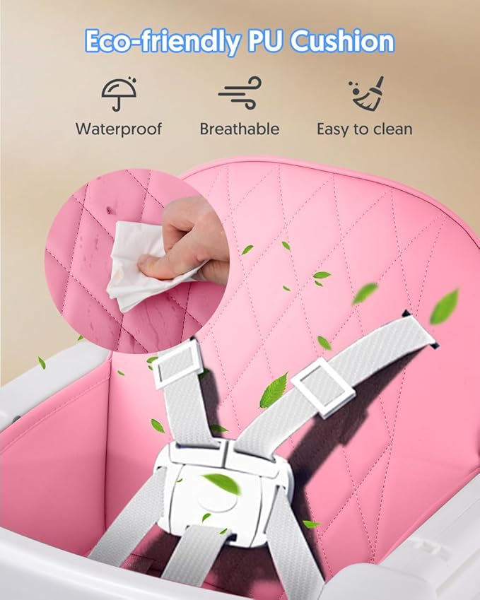 3-in-1 Baby High Chair, Adjustable Convertible Infant Baby Feeding Chair Booster for Eating with Detachable Tray, 5-Point Harness, Pink