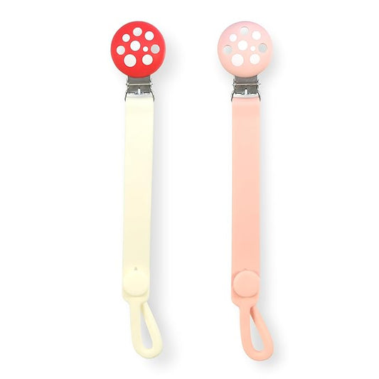 RaZbaby Chompy Silicone Pacifier Holder Clip Set – 2 Pack Textured, Soft & Flexible Binky Clips with Universal Fit, BPA-Free, Durable & Lightweight for Babies 0M+, Red/Green – 2 Pack (Red/Pink)