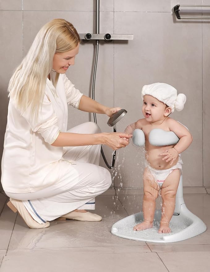 Baby Shower Stand, Baby Bath Support, Shower Standing Support with Adjustable Height and Armrest, Bath Stand with Anti-Skip and Shower Head Holder, Bath Essentials for Infants