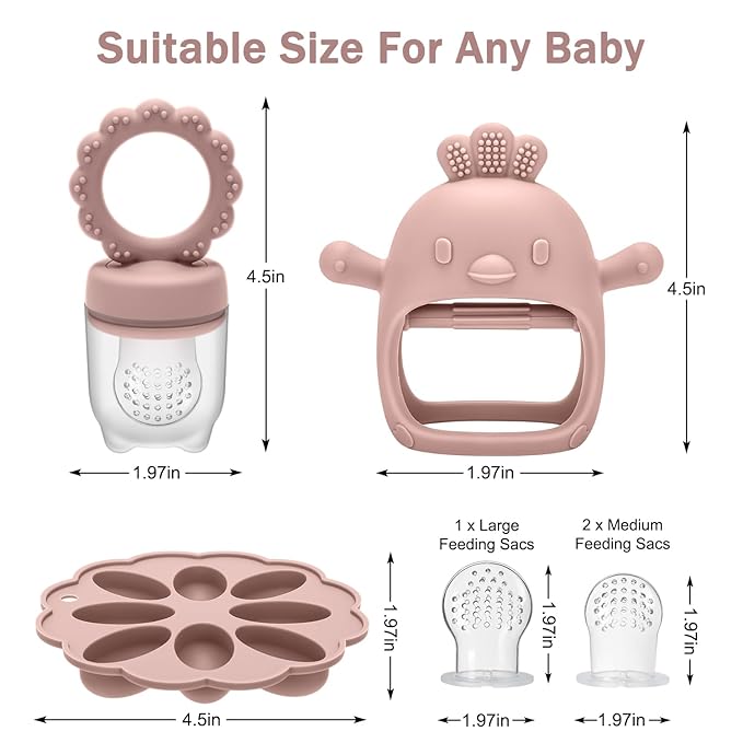 Baby Silicone Fruit Food Feeder Pacifier & Breastmilk Popsicle Freezer Molds,BPA Free Baby Food Storage Containers Frozen Ice Tray for Baby Feeding Safely, Infant Fruit Teething Toy (Pink)