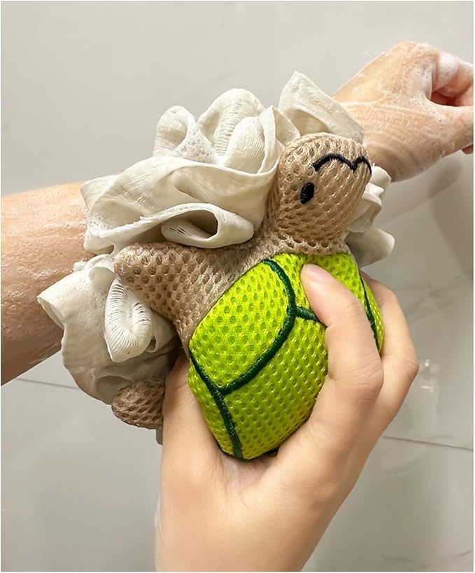 Cute Unicorn Kids Bath Loofahs Balls for Baby Girls Boys Mesh Shower Ball Pouf Exfoliating Bath Sponge Body Cleaner Bath Accessories (Green Tortoise)