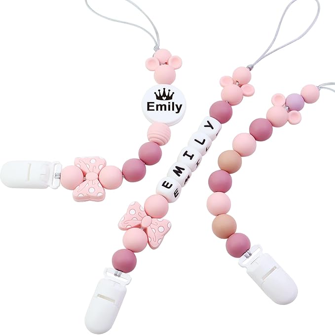 Customized Baby Pacifier Holder Clip with Name, Personalized Name Pacifier Clip for Boys and Girls Fits for Most Pacifiers (Pink)