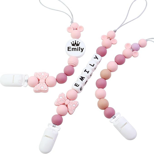 Customized Baby Pacifier Holder Clip with Name, Personalized Name Pacifier Clip for Boys and Girls Fits for Most Pacifiers (Pink)