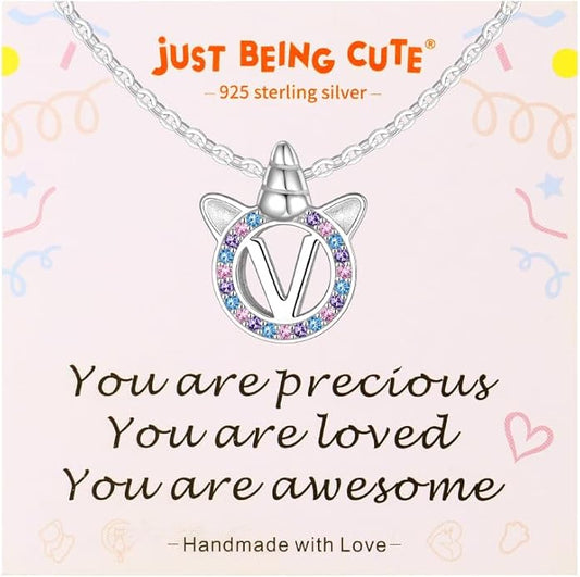 Unicorn Necklace for Girls, Initial Necklaces for Little Girls Kids Children, Hypoallergenic 925 Sterling Silver Kids Jewelry Colorful CZ Unicorn Gifts for Birthday Kindergarten Graduation Wedding