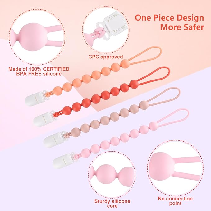 4-Pack Silicone Pacifier Clips for Baby Boys and Girls - with One-Piece Beads, Flexible and Rust-Free Holders for Teething Relief and Baby Essentials - Safe for Newborns (Pink)