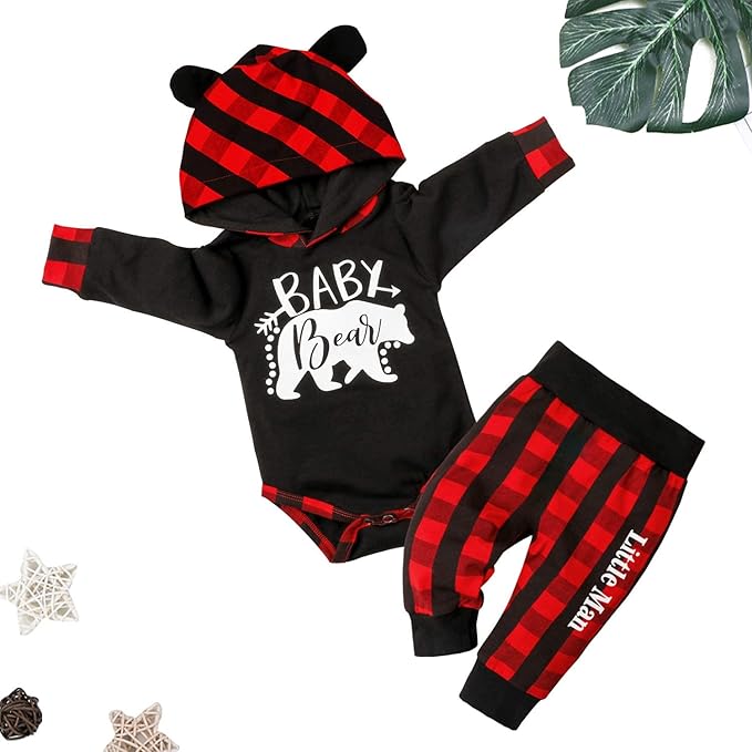 Fommy Newborn Baby Boy Clothes Plaid Letter Print Long Sleeve Hoodies + Long Pants 2PCS Fall Winter Outfits Set