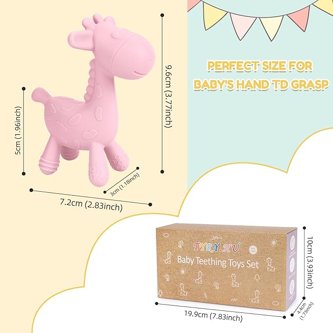 TYRY.HU Baby Teething Toys for Babies 0-6 6-12 Months,BPA Free Silicone Giraffe Teethers for Babies 3-6 months, Soft Chew Toys for Sore Gum, Montessori Sensory Toys Gifts for Infant Boys Girls, 4 Pack