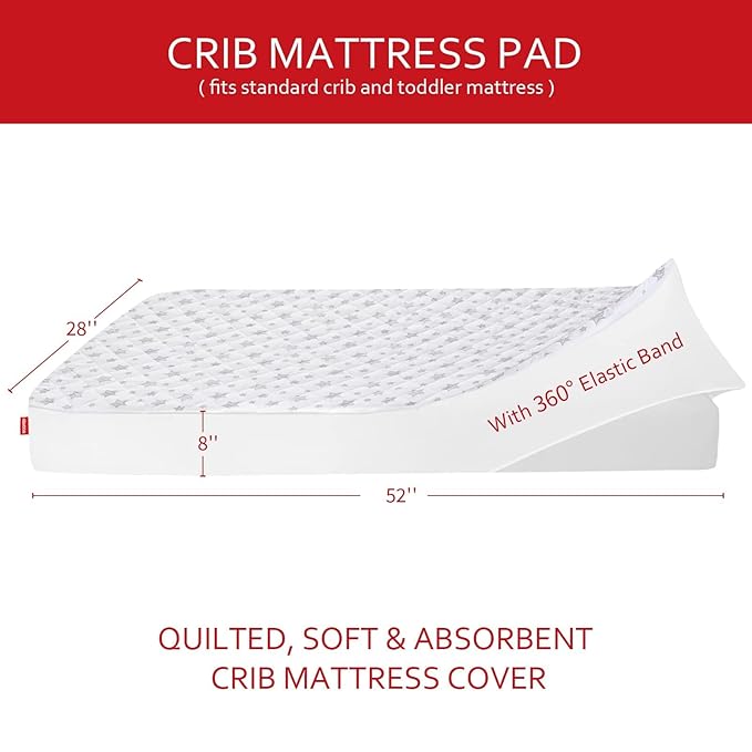 Crib Mattress Protector Waterproof 2 Pack, Quilted Crib Mattress Pad Cover 52" x 28" Extra Soft Breathable Toddler Bed Cover Stretch Up to 8", Grey & White Star