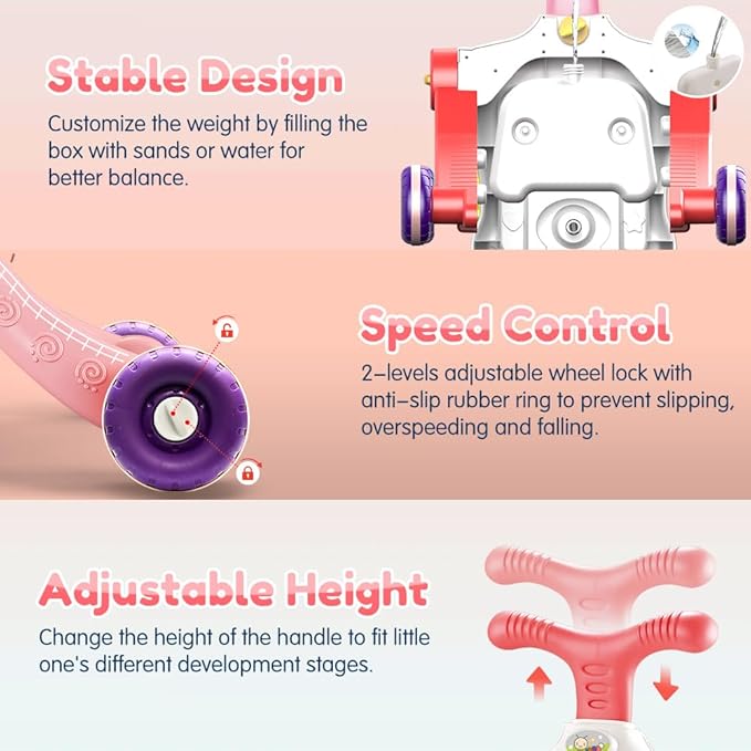 Baby Walker 5 in 1,VATOS Sit-to-Stand Learning Walker,Assemble as Scooter/Balance Bike/Push Walker/Activity Table/Detachable Panel,Push Walkers Toys with Music for Toddlers Infant Boys Girls
