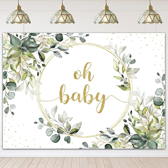 Mocsicka Greenery Baby Shower Backdrop Gold Oh Baby Background Green Eucalyptus Baby Shower Party Cake Table Decoration Banner Photo Booth Props (7x5ft)
