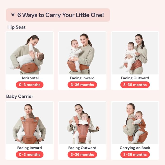 BabbleRoo Grow Carrier – Safety-Certified 6-in-1 Baby Carrier with Hip Seat, Ergonomic & Adjustable Toddler Carrier 7-50 lbs with Hip Support, Hood for Sun Protection, Newborn to Toddler,Kangaroo Rose