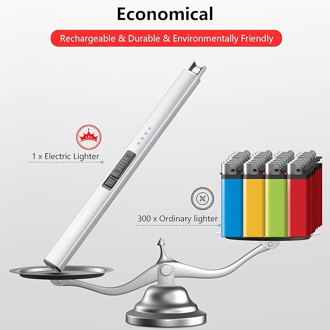 Lighter Electric Candle Lighter Long Electronic Rechargeable USB Arc Windproof Flameless Lighters for Candle Camping BBQ Birthday Women's Day Gifts for Women Mom Wife Men, Silver