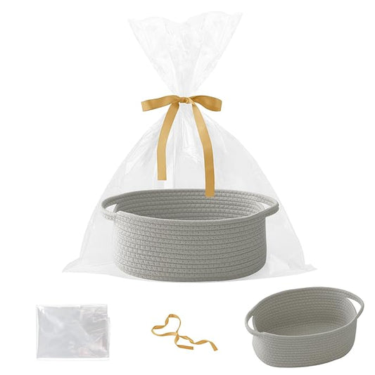 Gift Basket with Gift Bag and Ribbons,Small Rope Woven Shelf Storage,Baskets for Gifts Empty,Birthday,Shower,Decorative Organizer Box for Cat Dog Pet with Handles(Grey)