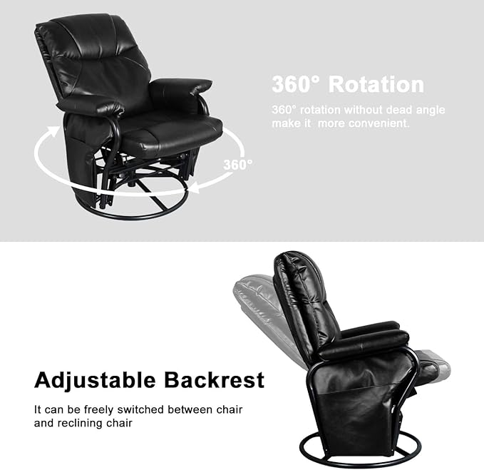 AODAILIHB Glider Chairs Rocking Chair with Ottoman 360° Swivel Chair PU Leather Upholstered Armchair Lounge Chair Sliding Chairs Set (Black)