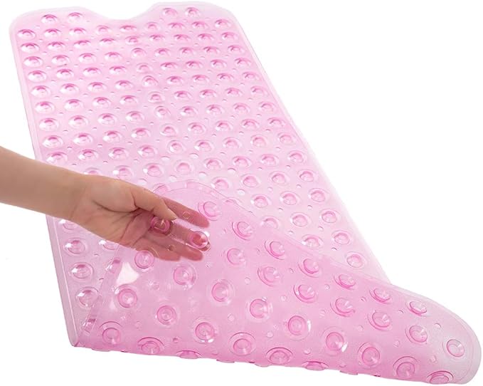 Linoows Bathtub and Shower Mats, Extra Long Non-Slip Bath Tub Mat 39 x 16 Inch, Machine Washable Bathmat with Suction Cups & Drain Holes for Bathroom Floor, Clear Pink