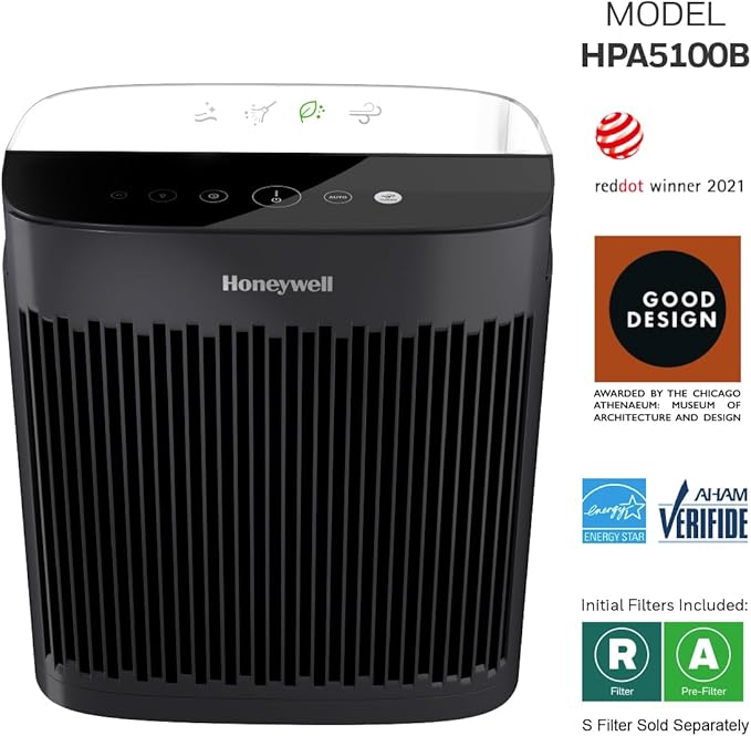 Honeywell Allergen Plus HEPA Air Purifier for Home, Large Rooms up to 900 Ft², Turbo Clean, HEPA Filter Reduces Allergens, Dust, Pollen, Pet Dander, All Smoke Types, Odors, Black, HPA5100B