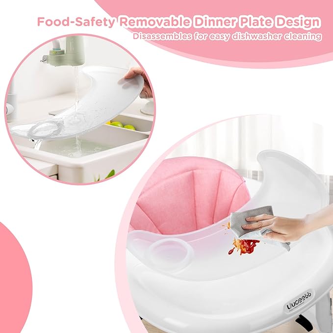 One-Touch Folding Baby Walker, Anti-Roll 8-Wheel Round Chassis, 7-Speed Height Adjustment, with Large Dinner Plate and Brake, 6-18 Months Baby Walker, Pink.