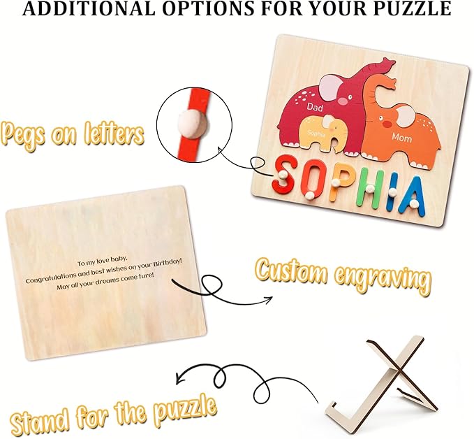Name Puzzles for Toddlers 1-3, Personalized Name Puzzle with Elephant Family Wooden Puzzle for Toddlers 1-3, First Birthday Gifts for Boys Girls, Personalized Gifts for Mom Dad Kids, Baby Learning Toy