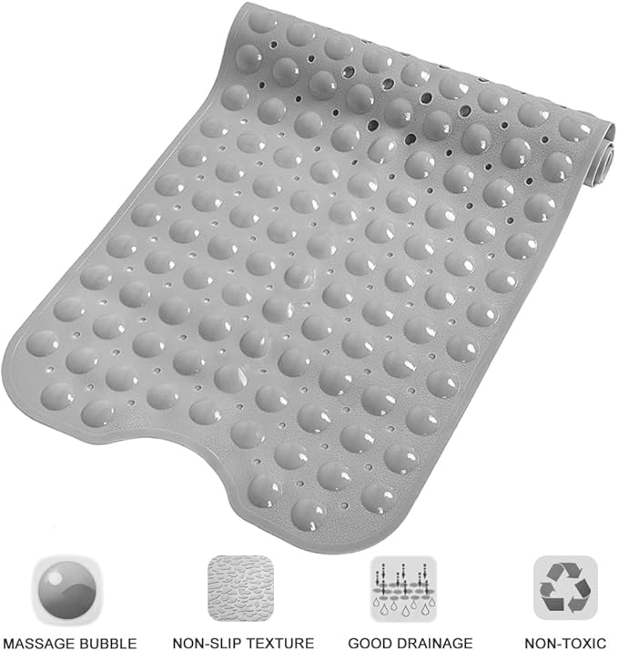 Linoows Bathtub and Shower Mats, Extra Long Non-Slip Bath Tub Mat 39 x 16 Inch, Machine Washable Bathmat with Suction Cups & Drain Holes for Bathroom Floor, Gray