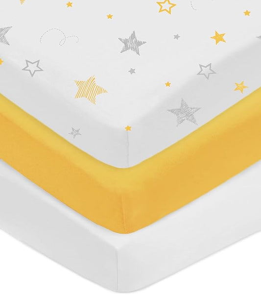 American Baby Company 3 Pack 100% Natural Cotton Fitted Crib Sheets 52" x 28" - Soft, Breathable, Hypoallergenic & Gentle Toddler Bed Sheets, Golden Yellow Star/Yellow/White, Neutral for Boys & Girls