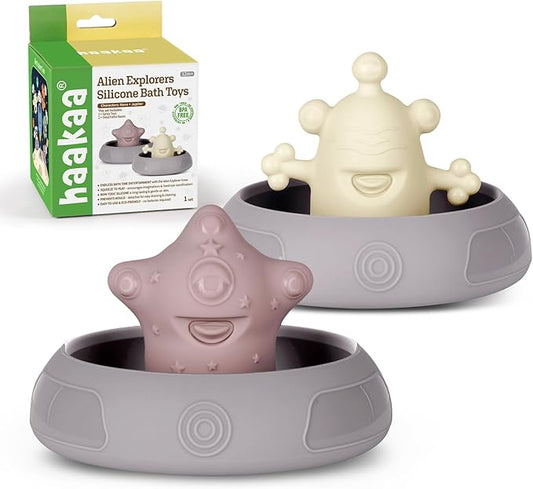 Haakaa Squeeze Alien Explorers Baby Bath Toys, Food Grade Silicone Toddler Bath Toys for Bathtubs/Swimming Pools/Beaches, Detachable Mold Free Floating Tub Toys for Kids Ages 1-3 (Nova+Jupiter)