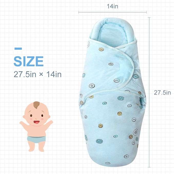 Organic Cotton Baby Swaddle Blankets, Unisex Baby Blanket Wrap for Newborn Baby Boys Girls, Skin Friendly Wearable Swaddling Sleep Sack Calms Startle Reflex (Button, Blue, 3-6 Months)