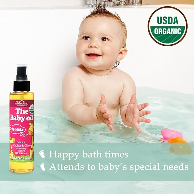 US Organic Baby Oil with Calendula, Smooth Caribbean Coconut, Certified Organic by USDA, Jojoba & Olive Oil with Vitamin E, No Alcohol, Paraben, Artificial Detergents, Color, Synthetic Perfume, 135ml