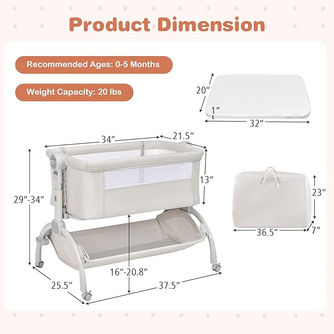 BABY JOY Baby Bassinet, 3-in-1 Rocking Bassinet w/Storage Basket, Double-Lock Design, 7 Adjustable Heights, Soft Mattress & Portable Travel Bag, Bassinet Bedside Sleeper for Newborns Infants (Beige)