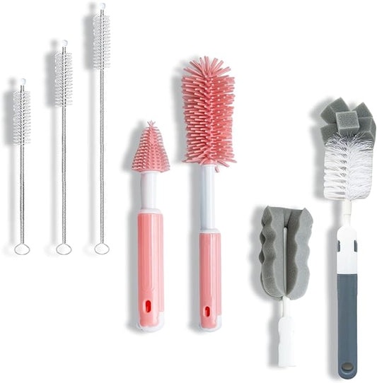 Bottle Cleaning Brush Set, Long Handle Silicone Brush, Detachable Cotton & Nylon Cup Scrubber, Straw Brushes for Baby Bottle, Sippy Cup, Glass Bottle, Tumbler, Tube, Nipple & More